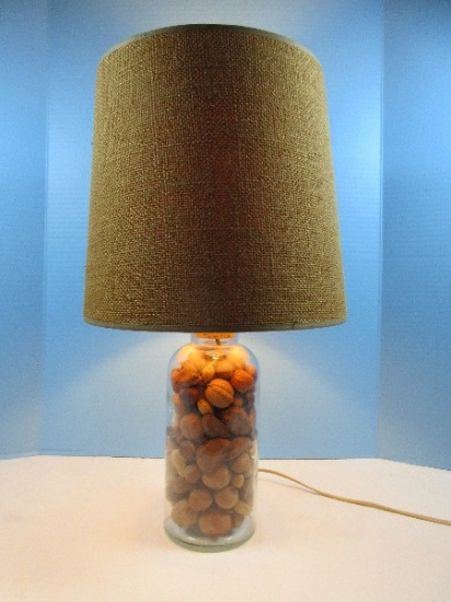 Glass Apothecary Jar w/Cork Converted 21" Accent Lamp Filled w/Misc Nuts Burlap Shade