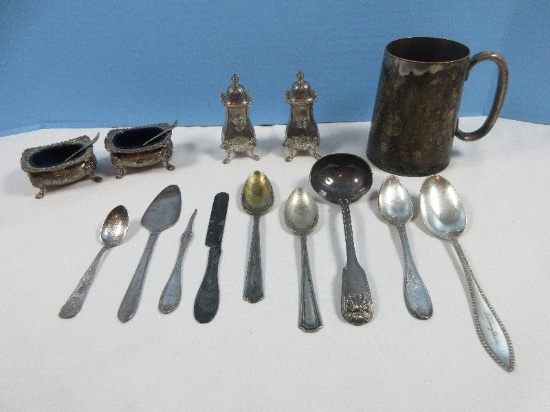 Lot Misc Silver Plate 4 1/2" Mug Stein, Set 4 Salt Cellar Spoons, Pair Master Footed Salt Cellars w/