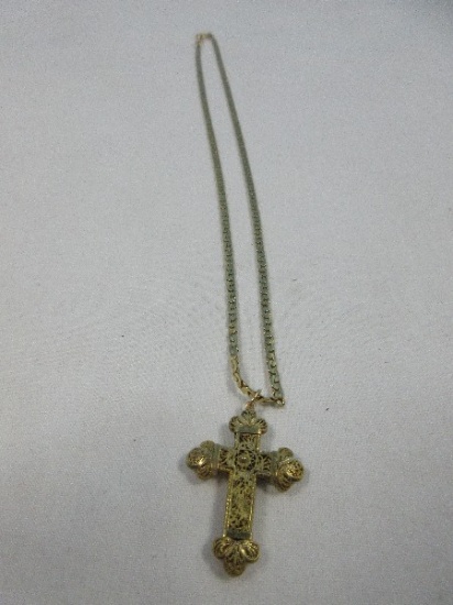 A Co. 14K Gold Necklace Chain w/Filigree Pardon Crucifix Cross Pendant- Approx 15 1/4"L