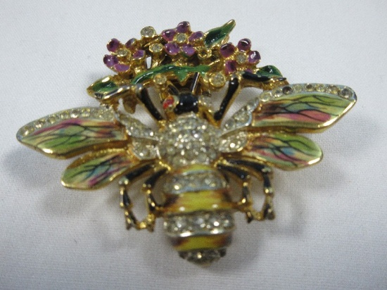 Rare Coro Craft Sterling Silver Gold Overlay Enamel & Rhinestones Bee Dress Clip Pin Circa 1940's