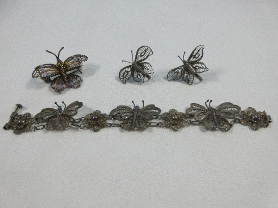 Lot Mexico Silver Sterling Filigree Jewelry Set Bracelet Approx 6 1/4"L, Pair Turn Back Earrings &