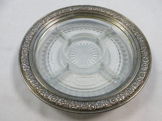 Alvin Sterling Silver S47 Embossed Wildflowers & Foliage Rim 5 Part Etched 9 1/4" Relish Crystal