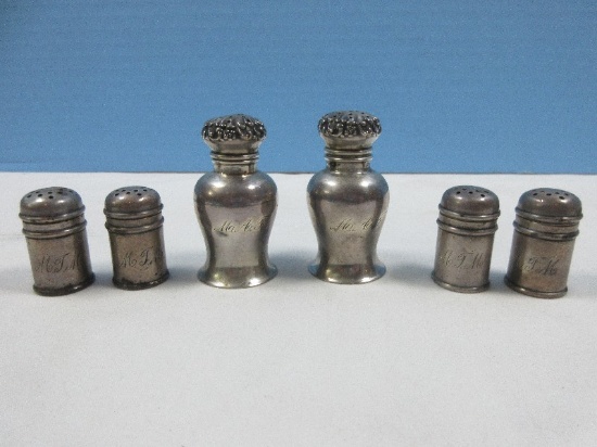 6 Small Sterling Silver Salt/Pepper Shakers w/Engravings- Wgt. 61.47G+/-