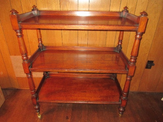 Refined English Mahogany Victorian Era Style Three Tier/Dessert Buffet Cart on Brass Casters