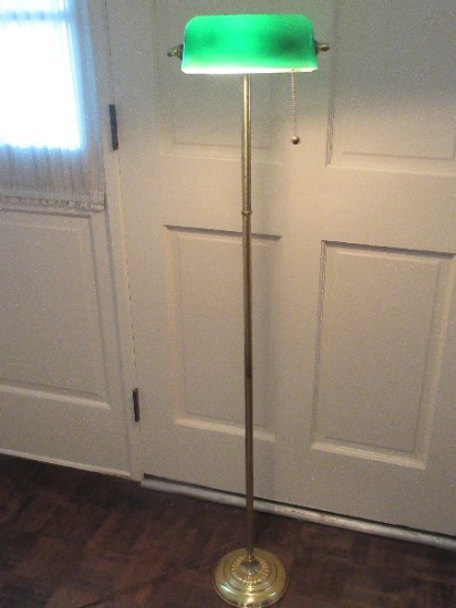 Unique Bankers 53" Brass Tone Floor Lamp w/Emerald Green Case Glass Shade & Pull Chain