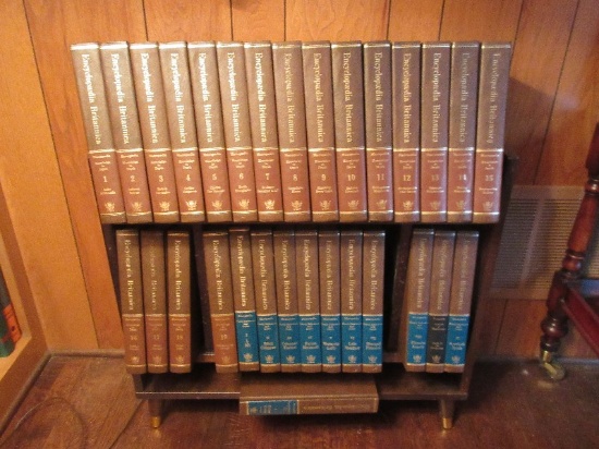 Maple 2 Tier Bookcase Stand w/Encyclopedia Britannica & Index Books Circa 1974 Complete