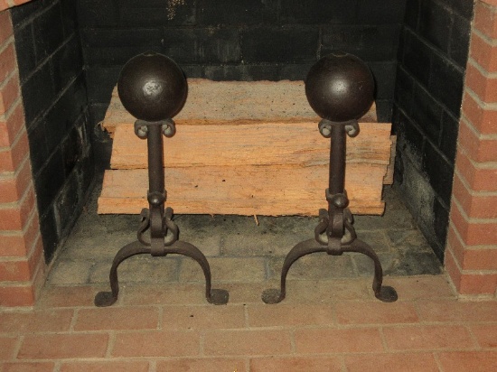 Pair Grandiose Cast Iron Cannon Ball Andirons Fire Dogs Decorative Scrollwork Base- 26"H