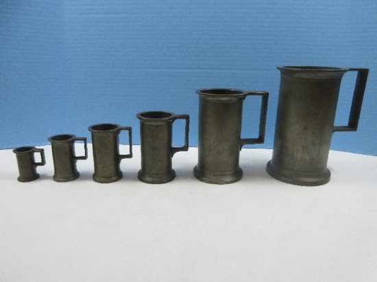 Set of 6 Antique French Pewter Tankards Measuring Cups Liter to Double Centiliter Circa 1870's-