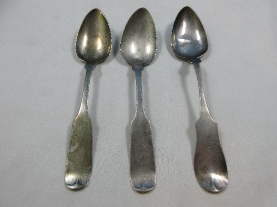 3pcs Coin Silver Large Fiddle Style Table Spoons w/Monograms. 2 Are Wood & Hughes Co. in NY