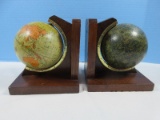Phenomenal Pair Vintage Rotating Globe Bookends Walnut Base Features Globe of Planet &