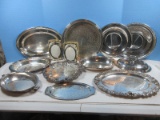 Lot Silverplate Serving Pieces Oval Dishes Raised Grapevine Rim, Pierced Gallery Waiter Tray