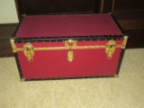 Particle Board Foot Locker Keepsake Trunk Plum Vinyl Cover Black Trim Brass Tone Accent