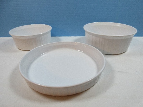 3 pcs. Corningware French White Casserole Bakeware 10 1/2" D Quiche Dish, 2 Round Baking