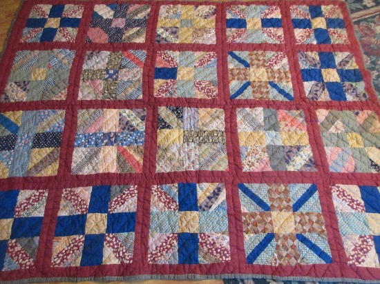 Vintage Traditionally Pieced Pattern Nine Patch Variation Summer Quilt Approx. 63" x 78"
