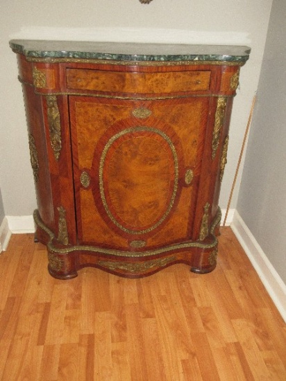 Extraordinary Louis XV Style Cabinet w/Green Marble Top, Applied Ormolus Sculptured Ornament