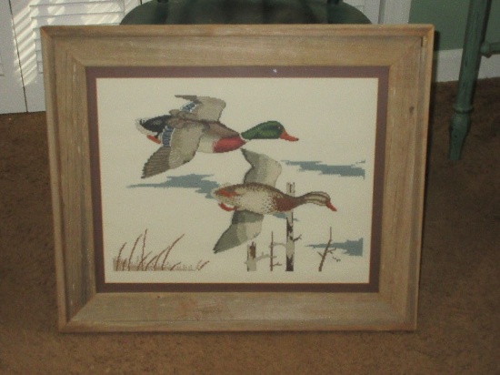 Beautiful Counted Cross Stitch Mallard Drake & Hen in Flight in Rustic Frame Dated 89