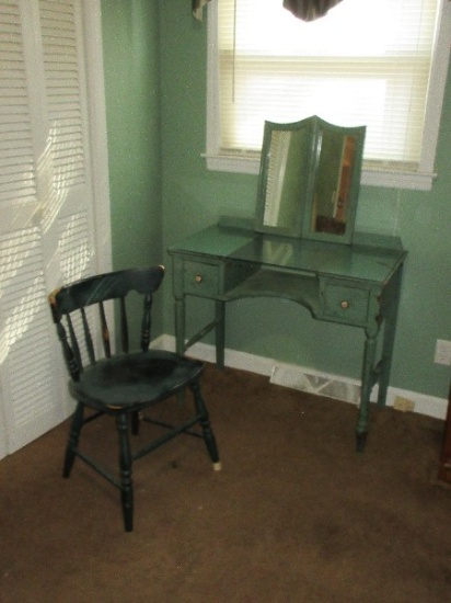 Spindle Back Chair & Vanity w/Glass Distress Painted Patina & Pair Frame Mirrors