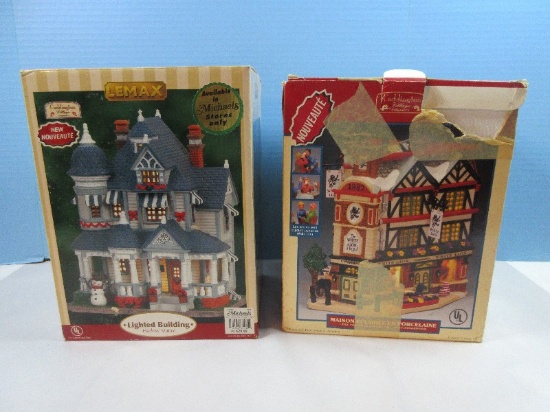 2 Collectible Lemax Christmas Village Lighted Porcelain Buildings, "The White Lion Pub" &