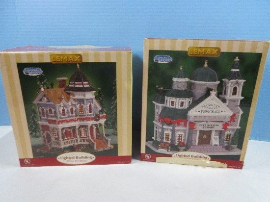 2 Collectible Lemax Christmas Village Lighted Porcelain Buildings, "Wilson Residence" &