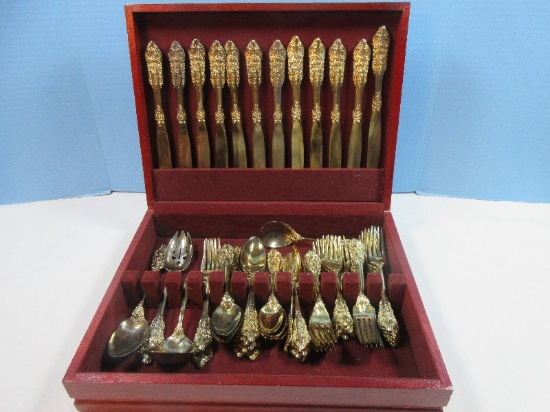 Phenomenal 65pcs Godinger Baroque Gold Electroplate Flatware w/Storage Chest 5pc Place Set-