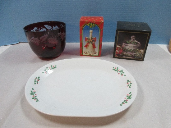 Holiday Lot Style Setter 5" Holly Covered Candy Dish-NIB Corning Corelle 12" Oval Serving Platter