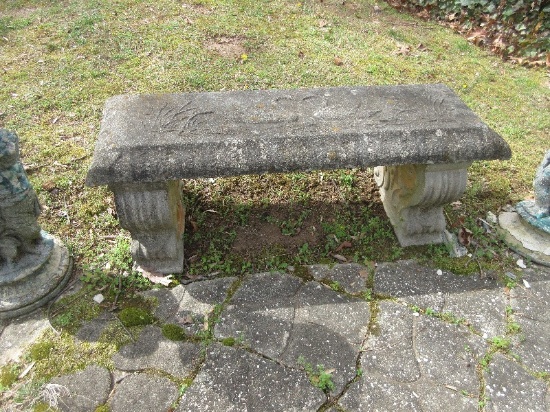 3pc Concrete Vintage Garden Bench Seat Has Relief Swans & Cattails Base has Scrollwork &