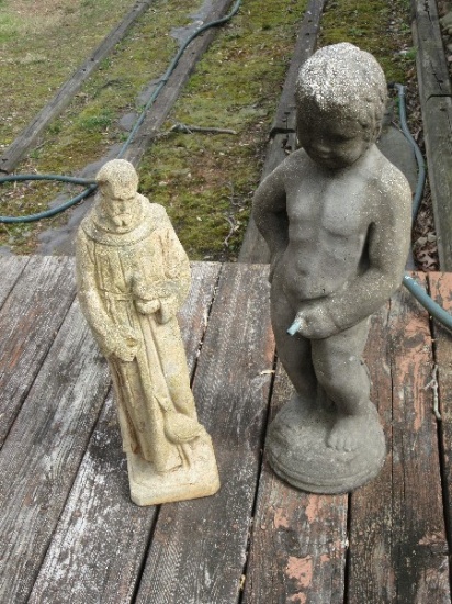 2 Concrete Statuettes St. Francis 21 1/2" & Putti Fountain Urinating Boy 27"