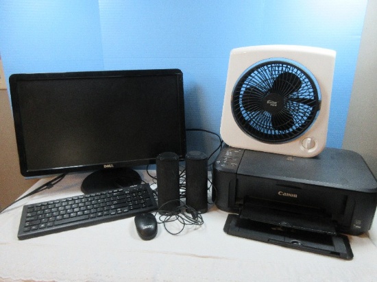 Lot Dell 23" Flat Screen Monitor, Keyboard Speakers, Surge Protectors, Canon All-In-One