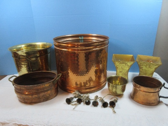 Lot 13 3/4" Copper Planter Hammered Finish, Brass Planter Rope Trim, Primitive Design Copper