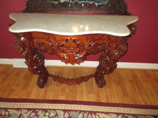 Magnificent Rococo Style Marble Top Console Table Solid Mahogany Piece Fraught w/Intricate