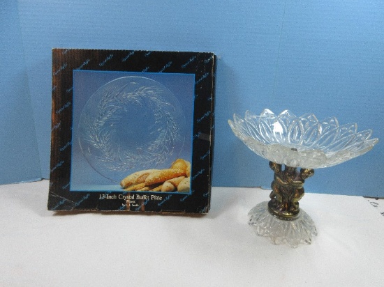 Lot 13" Crystal Buffet Plate Wheat by LE Smith in Box, 9" Compote Hollywood Regency Crystal w/