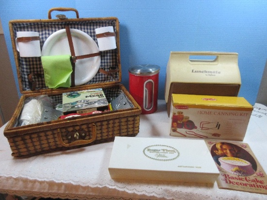 Lot 3 Red Canister w/Seal Lids, Wilton Sugar Plum Decorating Kit, Back to Basics Home Canning