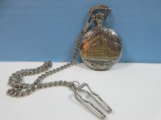 Collectors Watch-It Quartz Pocket Watch & Fob Embossed Locomotive Train Railway Design