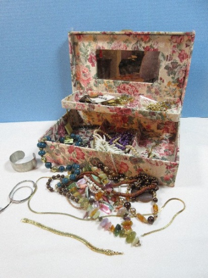 Remarkable Deal-Fabric Floral Jewelry Box Chest w/Misc Fashion Designer Jewelry. Necklaces,