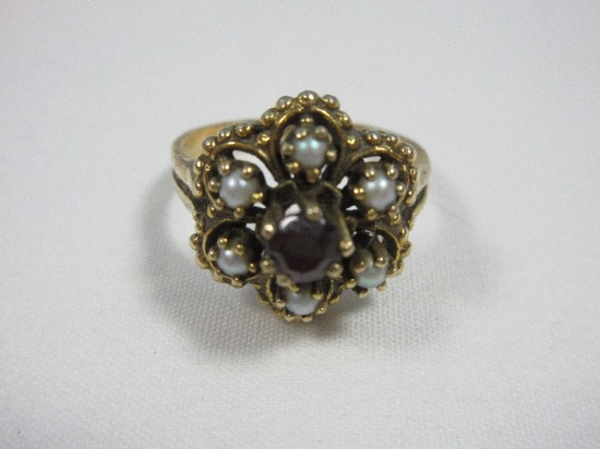 Stamped 10K Gold Victorian Era Style Garnet & Seed Pearl Cluster Ring Size