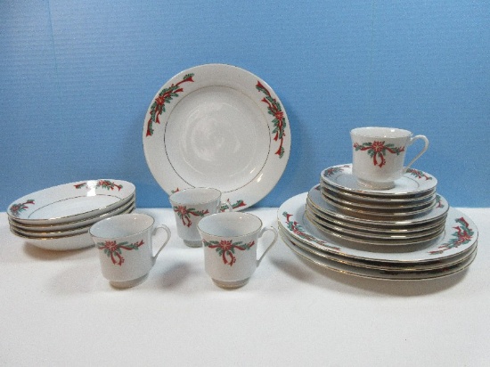 20 pcs. Fairfield Fine China Poinsettia and Ribbon w/ Greenery Pattern Christmas Dinnerware