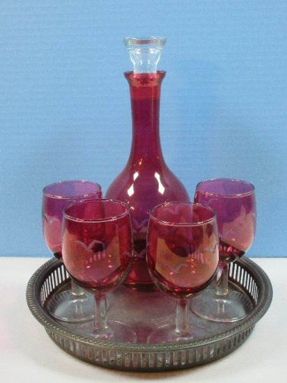 6 pc. Set Cranberry Flash Decanter w/ Clear Stopper and 4 Matching Stems Etched Birds