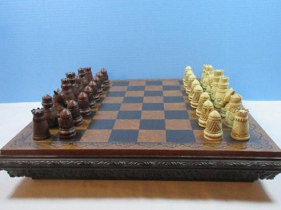 Simulated Leather Ornate Chess/Checkerboard w/ Medieval Style Chess Pieces