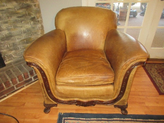 Depression Era Style Club Arm Chair Mahogany Carved Wood Trim Curved Armrests