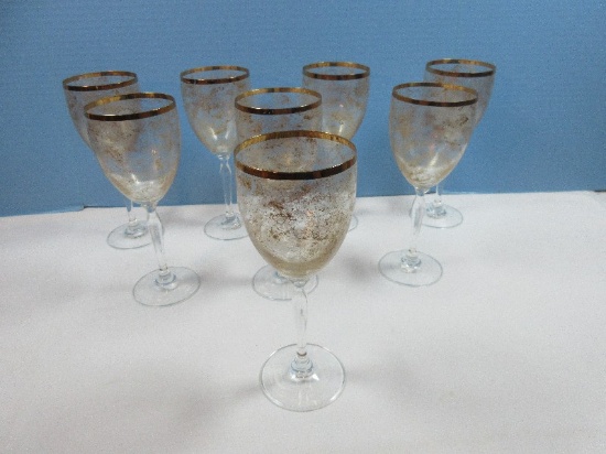Set of 8 Wine Goblet 8 1/2" Classic Stemware Crystal Metallic Gold Rim Mottled Bowl Clear