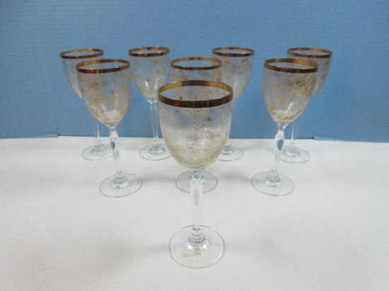 Set of 8 Stemmed Crystal Wine 7 7/8" Stemware Metallic Gold Rim Mottled Bowl Clear Stem
