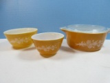 4 pcs Vintage Pyrex Butterfly Gold 2 Pattern 2 Nesting Mixing Bowls 750 mL/1.5 L Covered