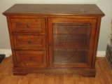 Walnut Finish TV Entertainment Media Cabinet 3 Drawers and Cut Glass Panel Door