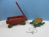Lot 2 Wooden Toys Wooden Bug Pull Toy and Small Little Red Wagon 4 1/4