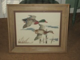 Beautiful Counted Cross Stitch Mallard Drake & Hen in Flight in Rustic Frame Dated 89