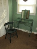 Spindle Back Chair & Vanity w/Glass Distress Painted Patina & Pair Frame Mirrors