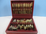 Phenomenal 65pcs Godinger Baroque Gold Electroplate Flatware w/Storage Chest 5pc Place Set-
