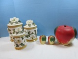 Lot Vintage Hull Pottery Blushing Apple Cookie Jar, Pair  Blushing Apple Salt/Pepper Shakers