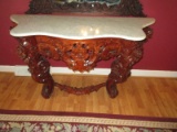 Magnificent Rococo Style Marble Top Console Table Solid Mahogany Piece Fraught w/Intricate