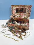 Remarkable Deal-Fabric Floral Jewelry Box Chest w/Misc Fashion Designer Jewelry. Necklaces,